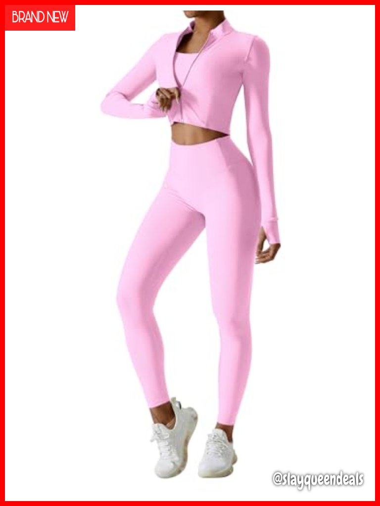 3 Piece Workout Sets Long Sleeve Zip Up Jacket Crop Top Yoga Leggings Athletic